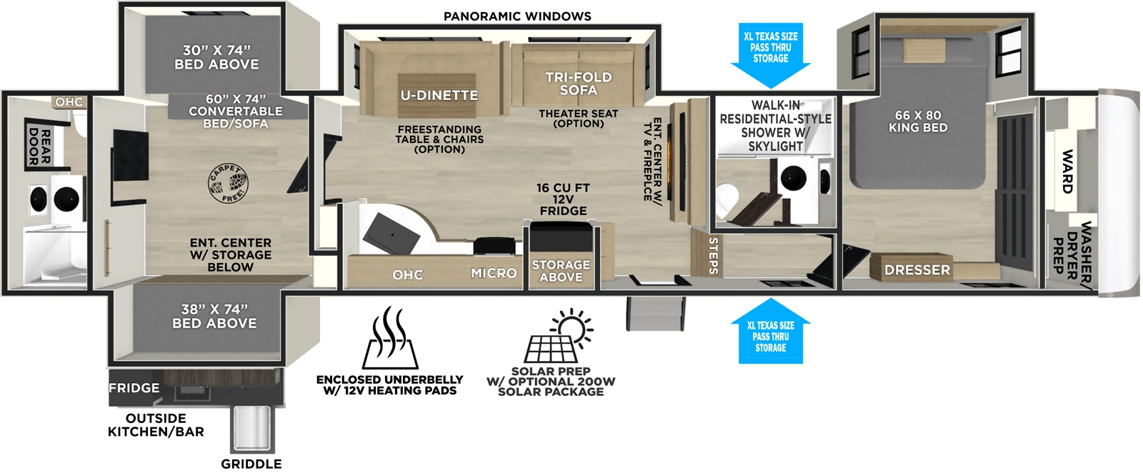 The Heritage Glen Fifth Wheels 356QB has one entry and four slide outs. Exterior features include: fiberglass exterior, 21' awning and outside kitchen. Interiors features include: bunk beds, u-dinette, front bedroom, rear bathroom and two full bathrooms.